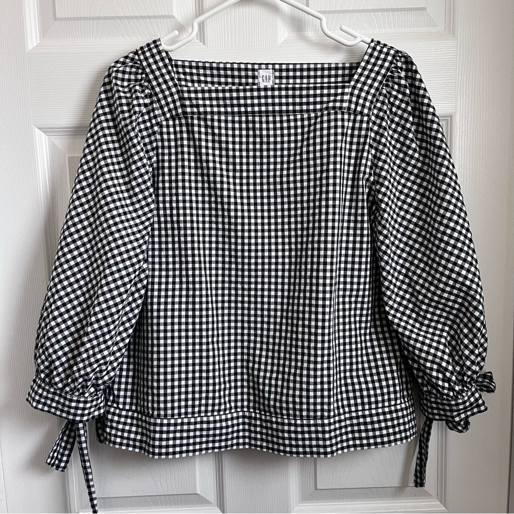Gap blouse top Women Medium plaid black white tie long sleeve summer cropped - Picture 2 of 6